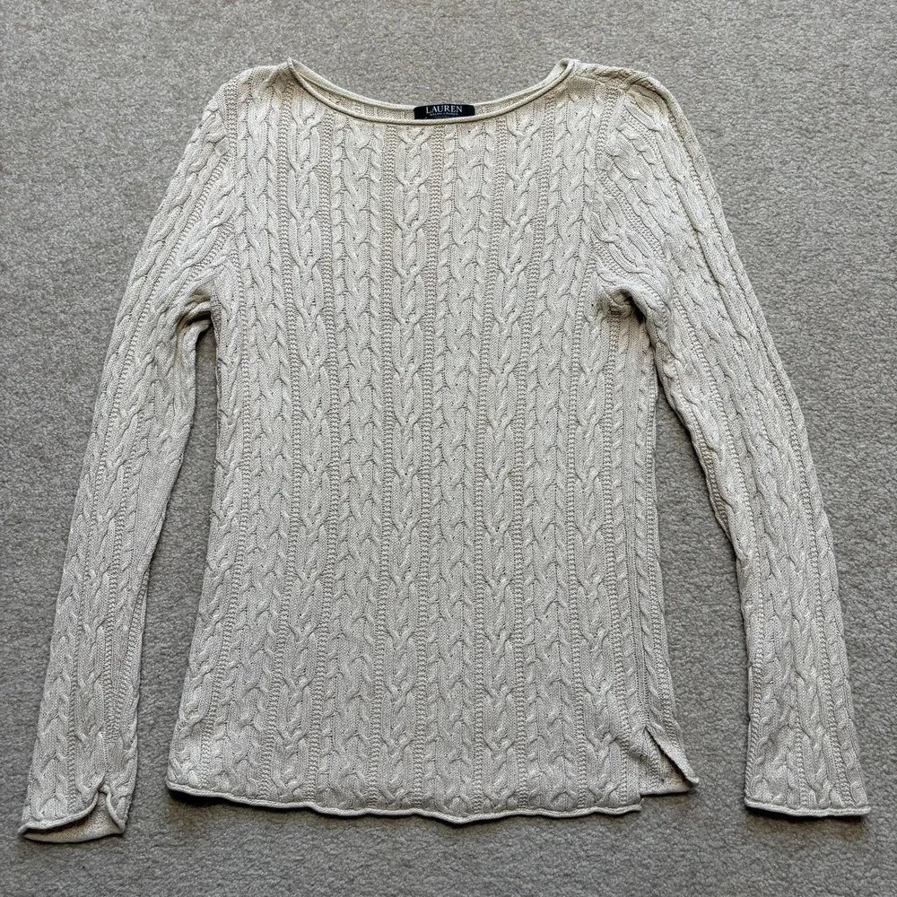 Lauren Ralph Lauren Sweater Womens Small Beige 100% Cotton‎ Cable Knit Boatneck